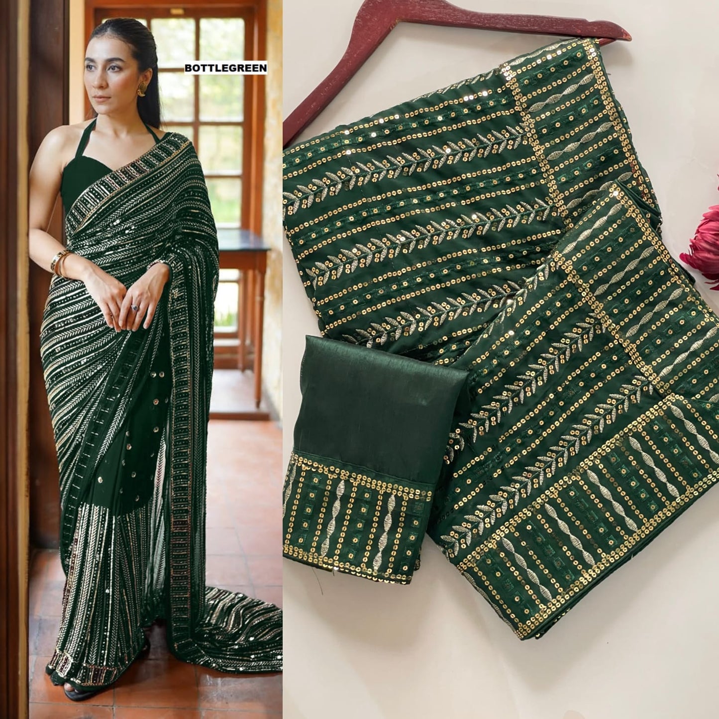 Designer Faux Georgette Saree with Sequins & Lace Work