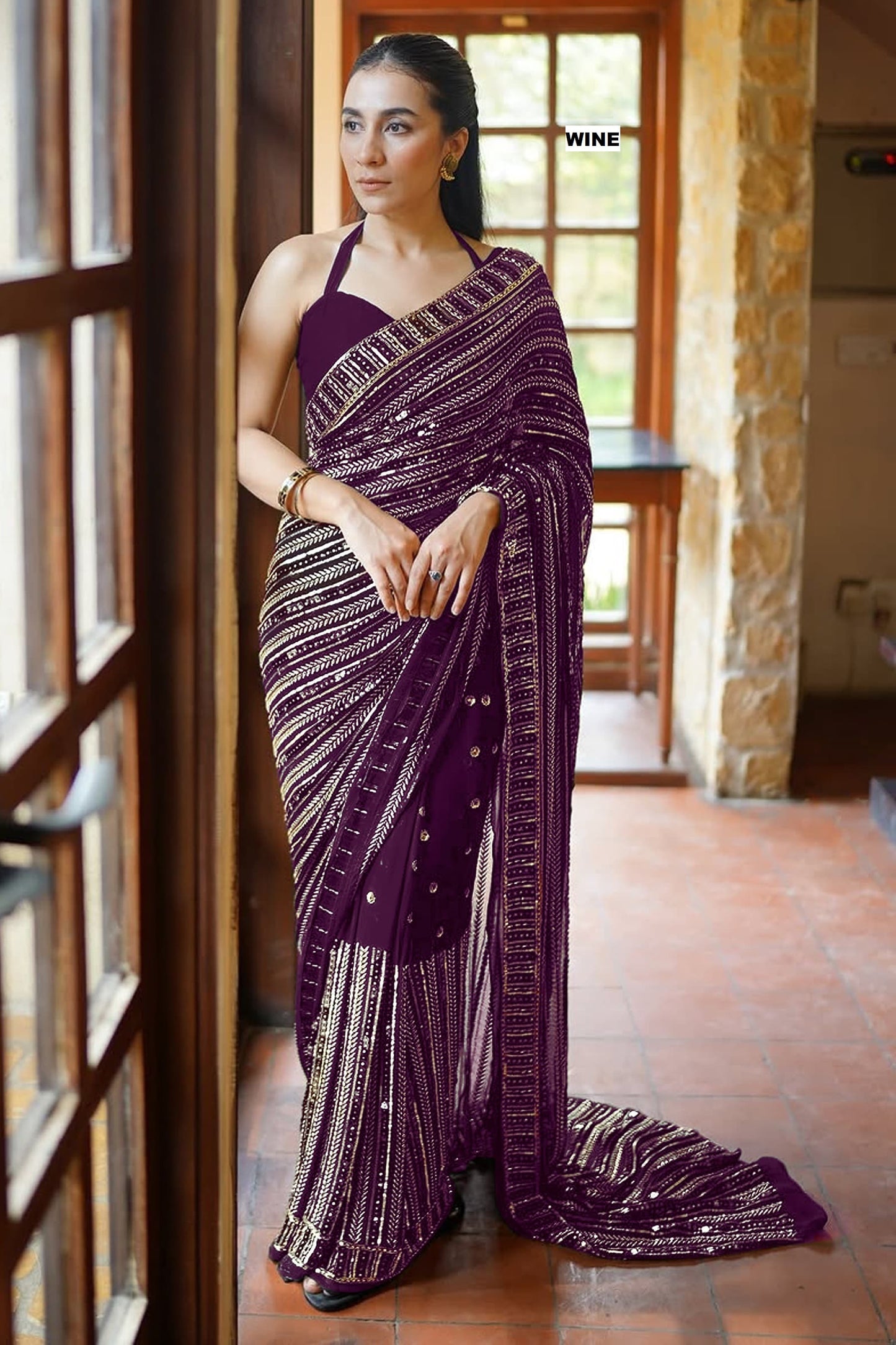 Designer Faux Georgette Saree with Sequins & Lace Work