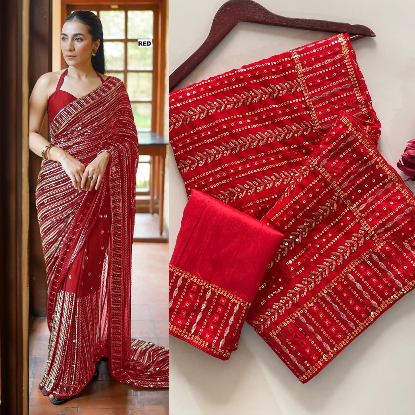 Designer Faux Georgette Saree with Sequins & Lace Work