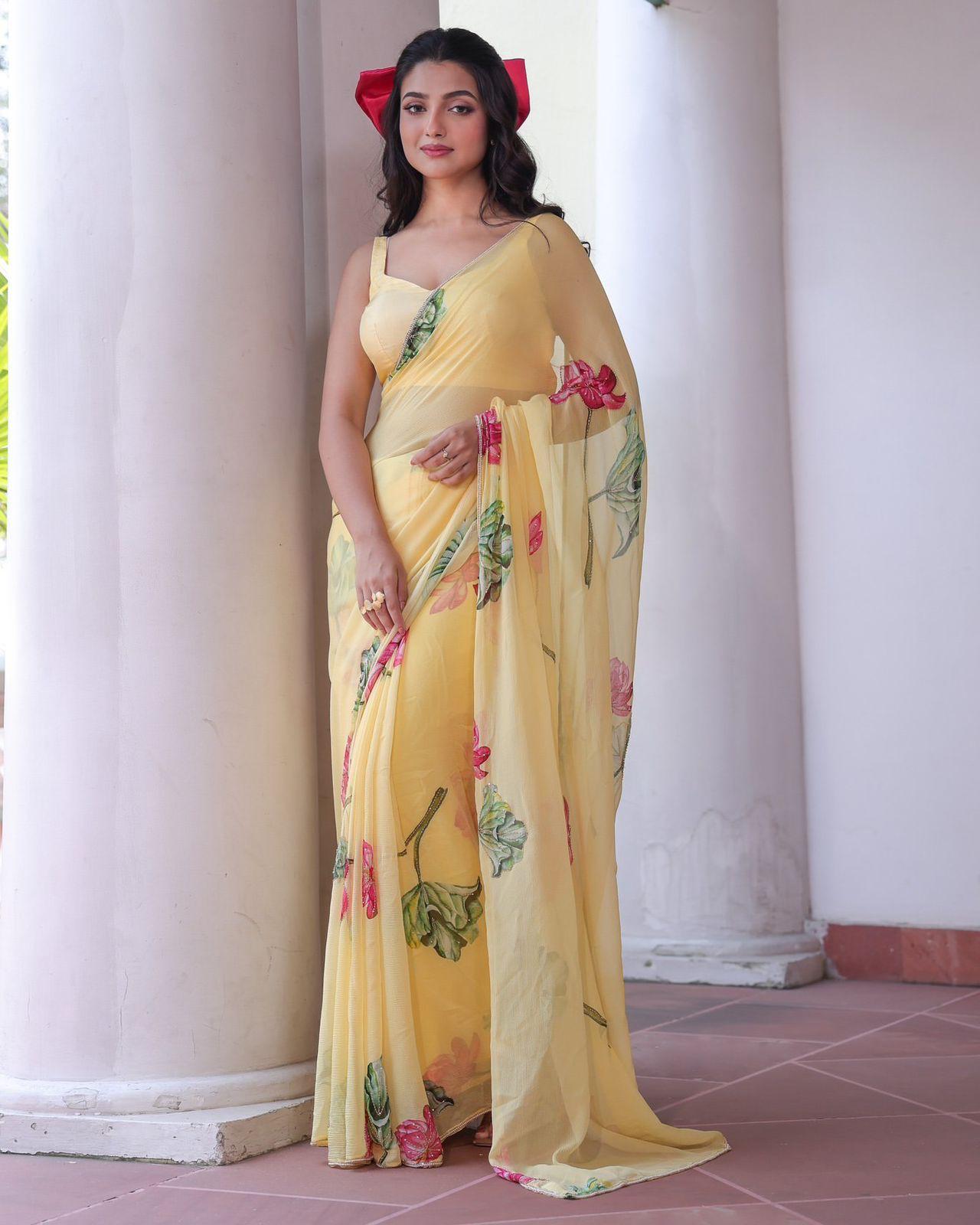 Designer Floral Saree Yellow Casual Wear Collection