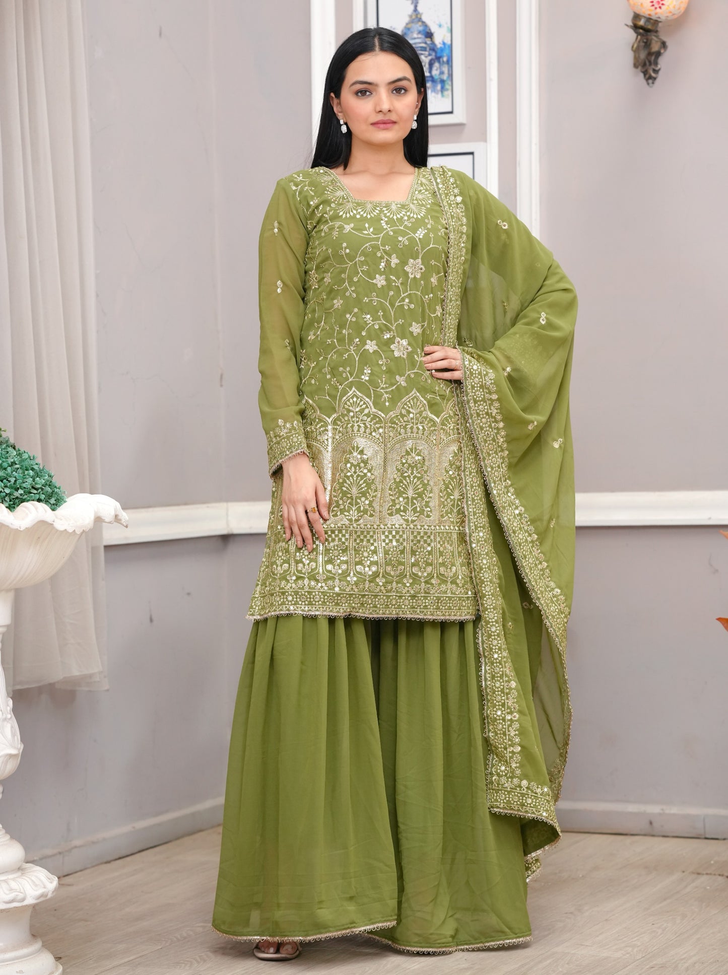 Designer Georgette Sharara Suit with Embroidered Dupatta