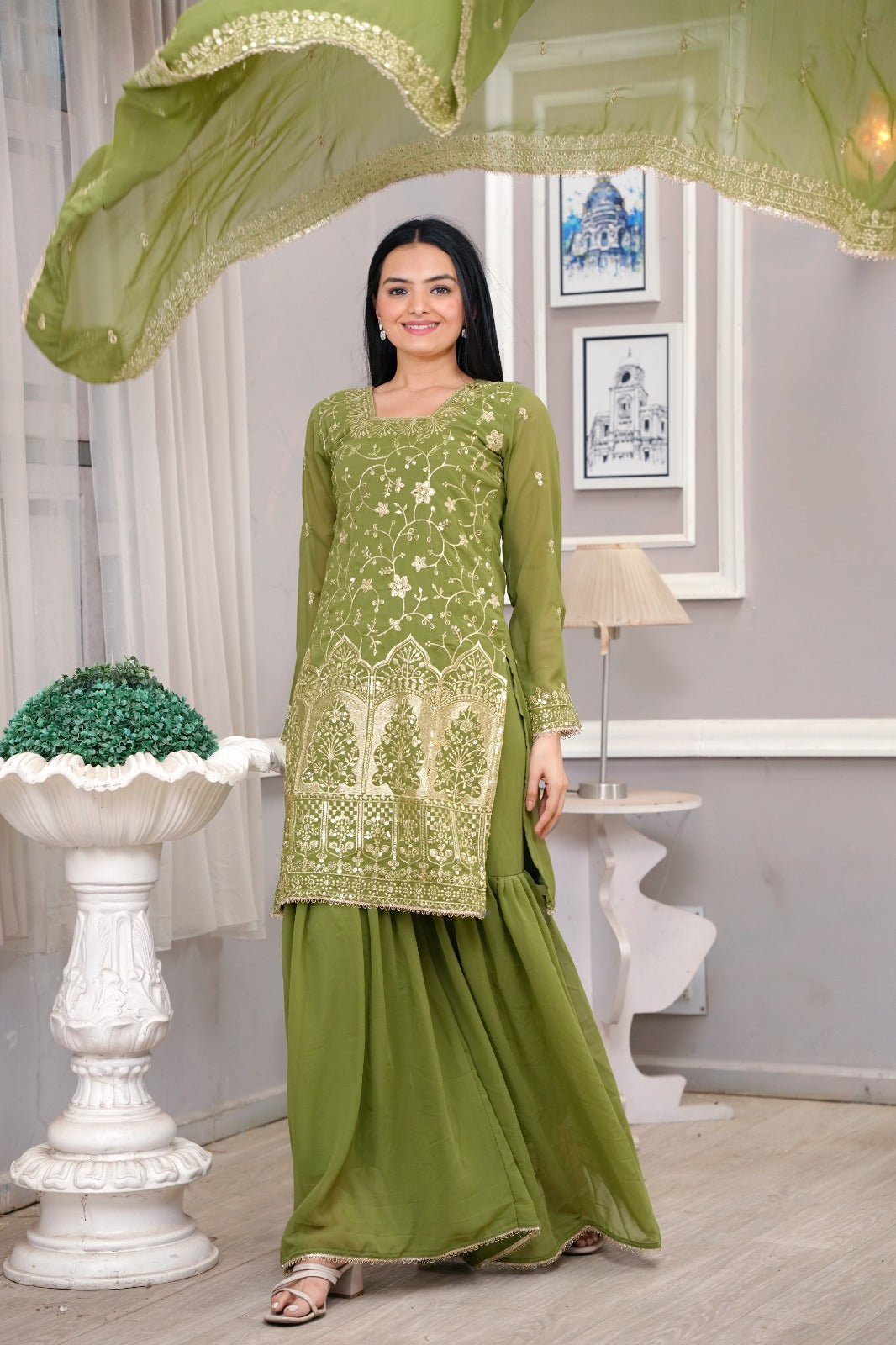 Designer Georgette Sharara Suit with Embroidered Dupatta
