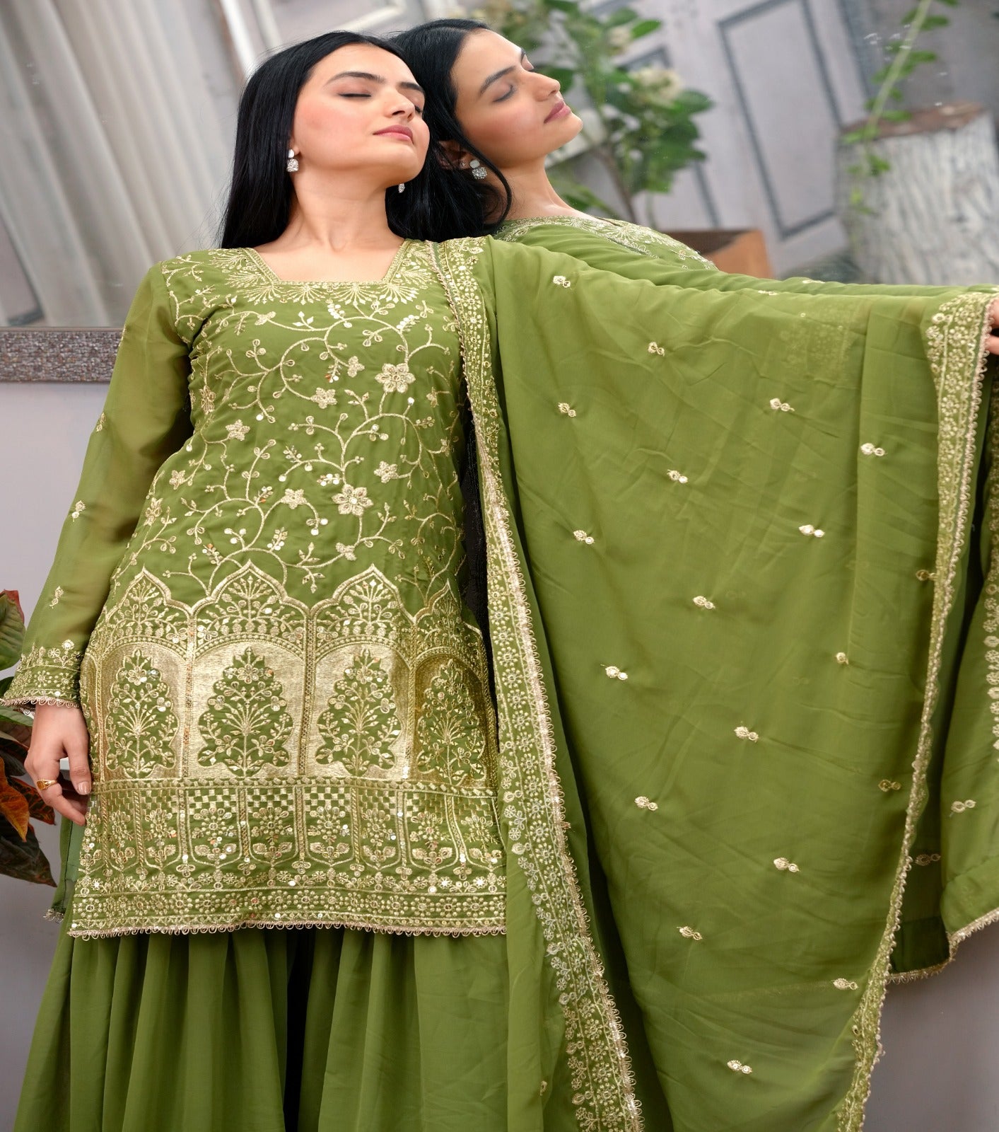 Designer Georgette Sharara Suit with Embroidered Dupatta