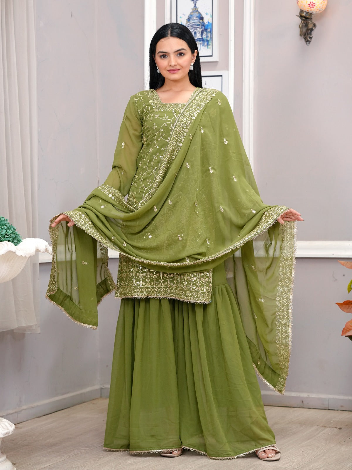 Designer Georgette Sharara Suit with Embroidered Dupatta