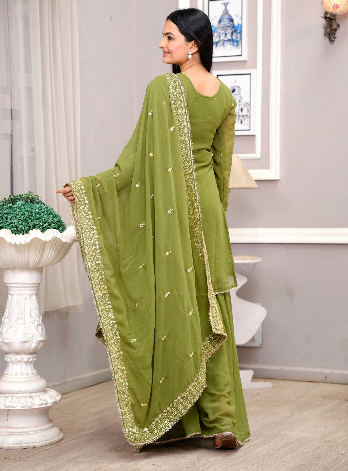 Designer Georgette Sharara Suit with Embroidered Dupatta