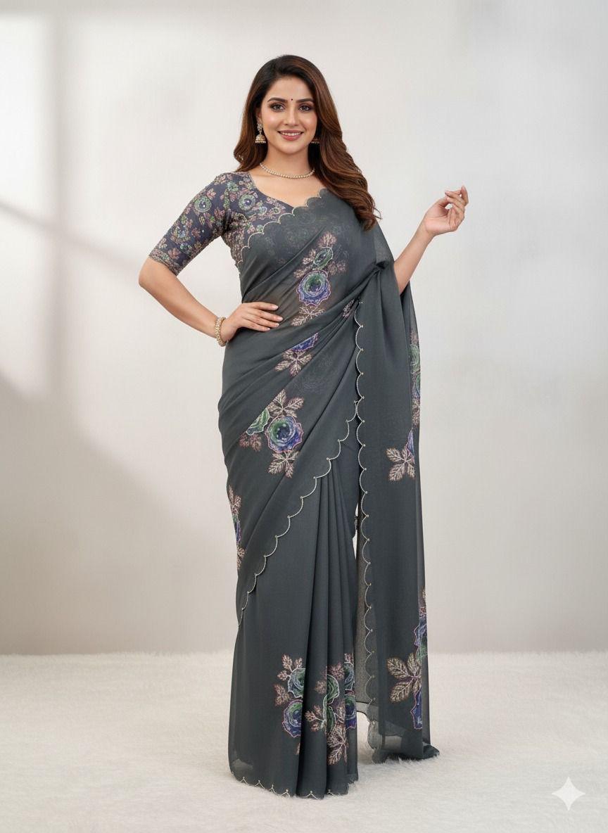 Designer Metallic Grey Tabby Organza Saree for Women