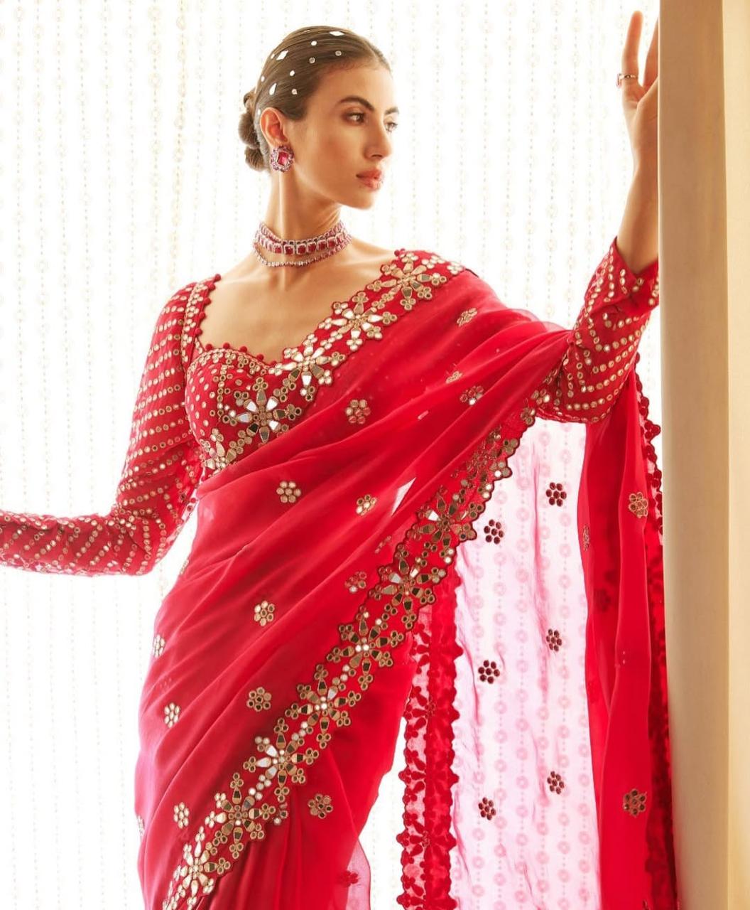 Designer Mirror Work Georgette Saree with Blouse