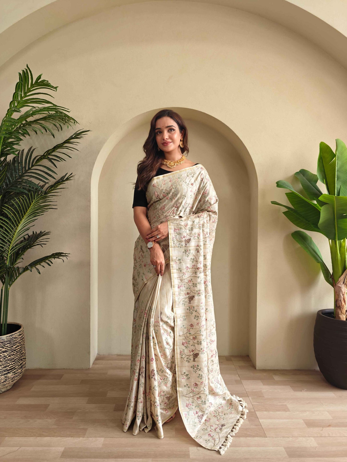 Designer Off White Saree with Tassel Border for Women