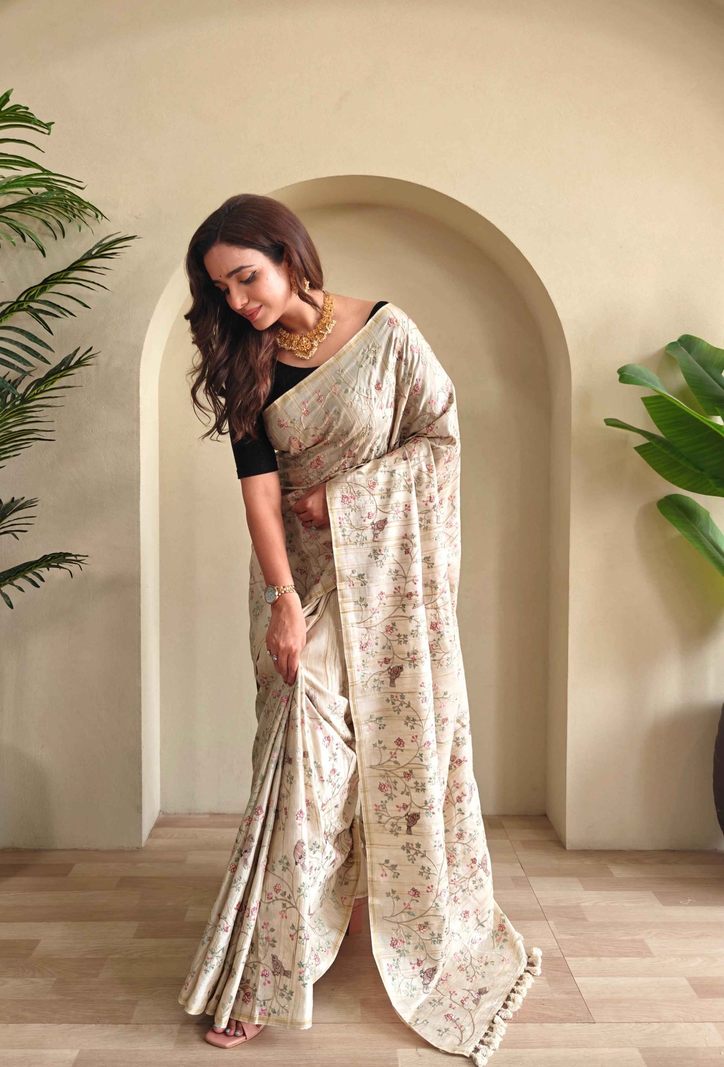Designer Off White Saree with Tassel Border for Women