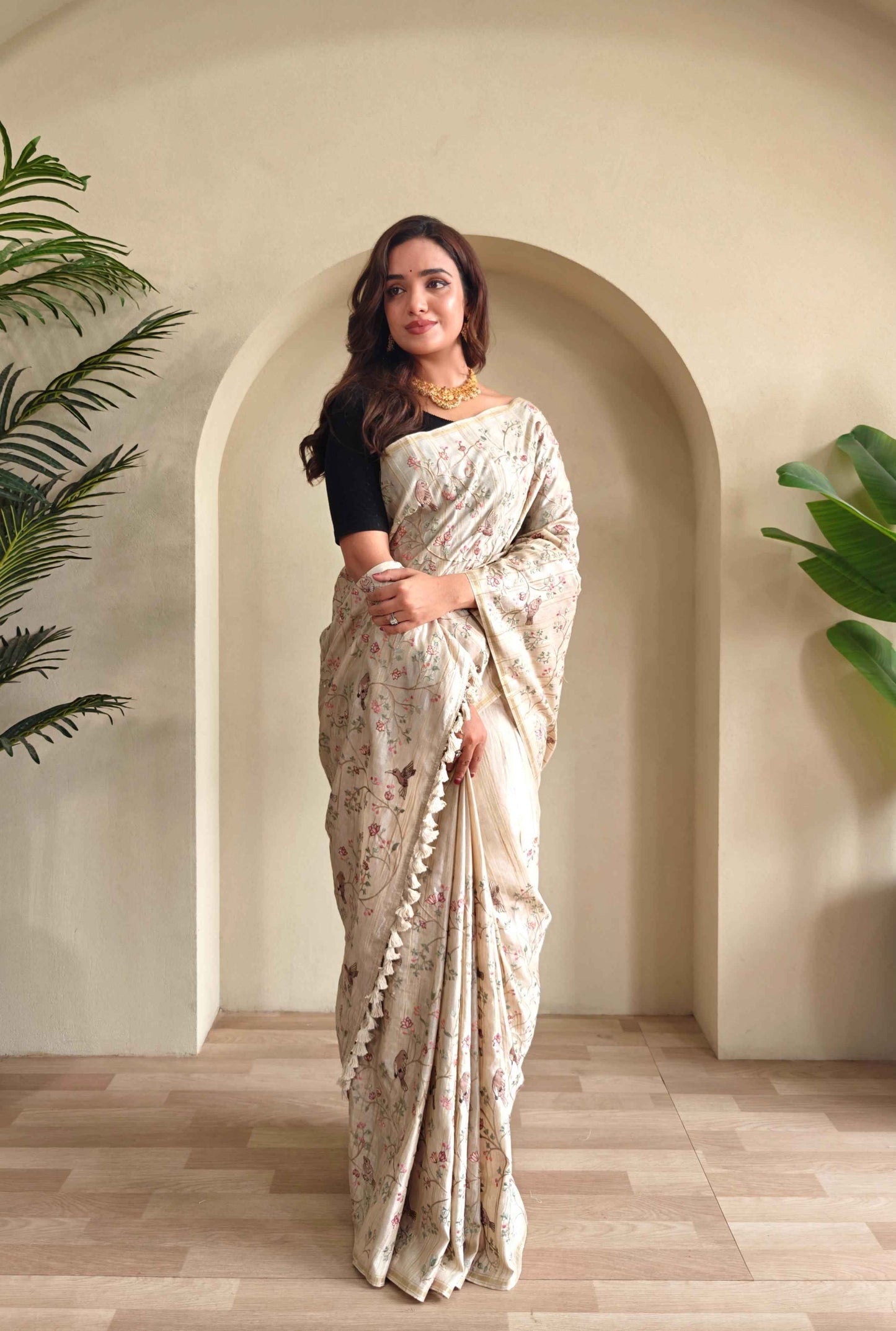 Designer Off White Saree with Tassel Border for Women