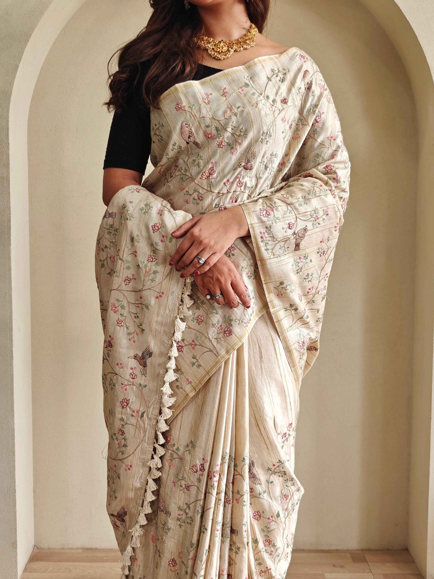 Designer Off White Saree with Tassel Border for Women