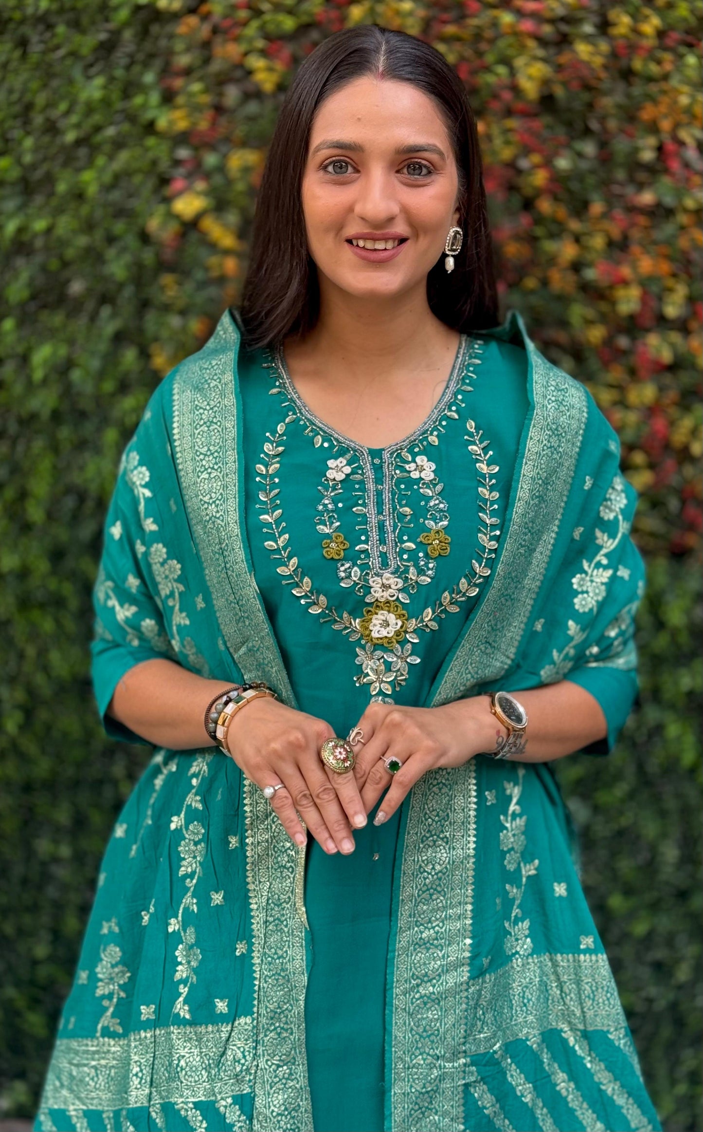 Designer Roman Silk Kurti Pant Set with Dupatta