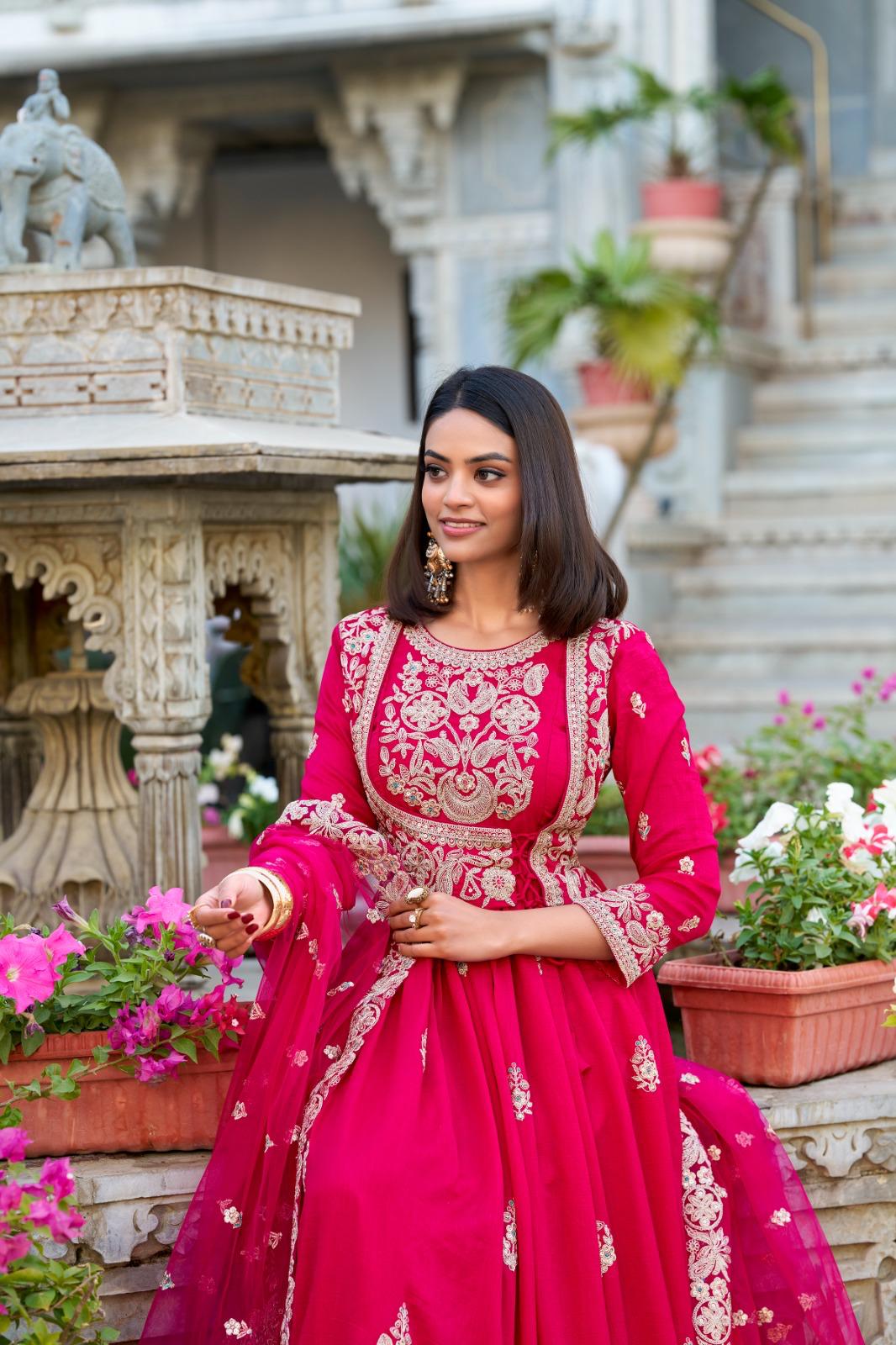 Designer Silk Embroidered Gown with Dupatta for Weddings