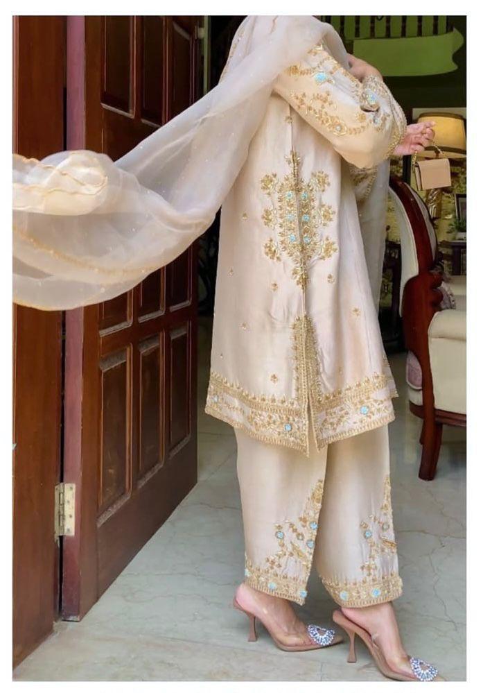 Designer Silk Palazzo Suit with Embroidery & Net Dupatta