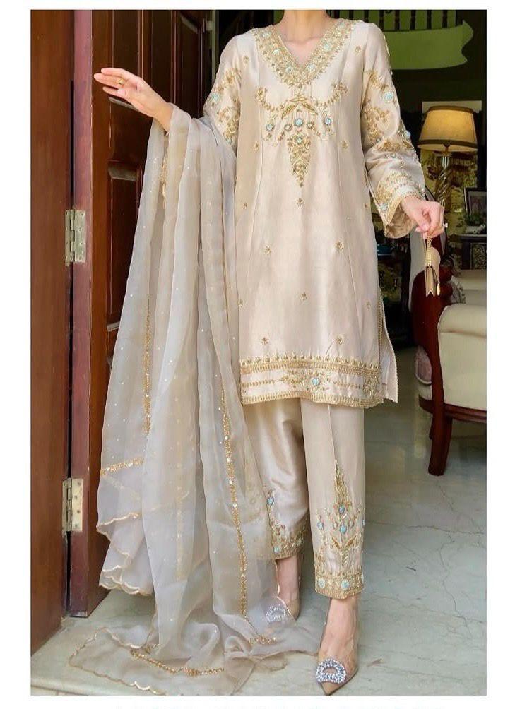 Designer Silk Palazzo Suit with Embroidery & Net Dupatta