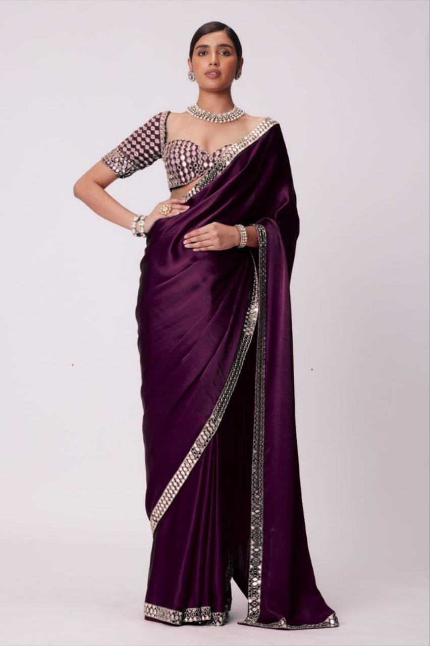 Designer Silk Saree with Mirror Work Blouse for Women