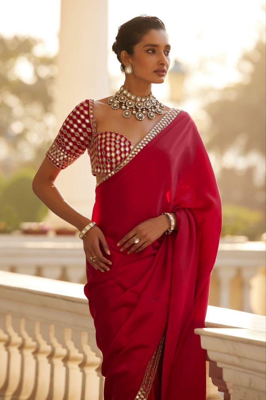 Designer Silk Saree with Mirror Work Blouse for Women