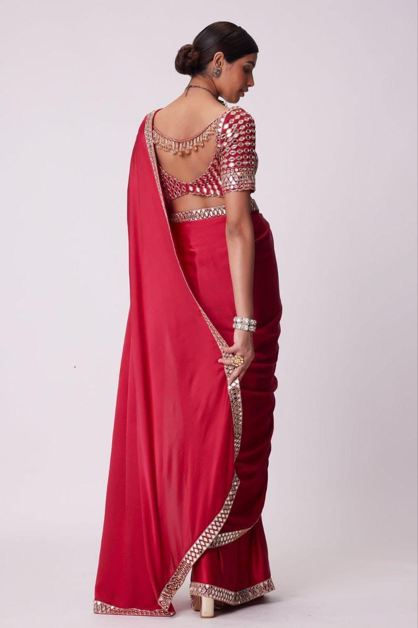 Designer Silk Saree with Mirror Work Blouse for Women