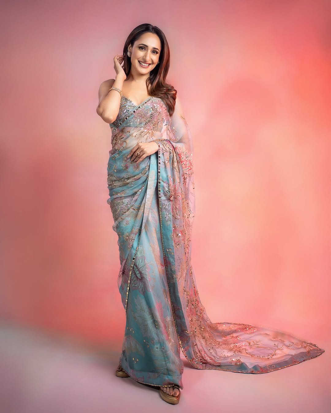 Designer Tabby Silk Saree with Handwork and Mirror Work