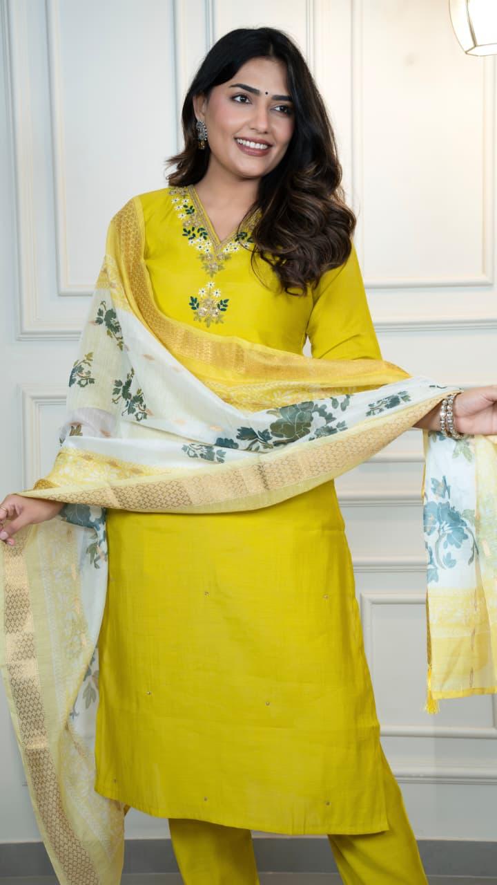 Designer Yellow Kurti Pant Dupatta Set for Women