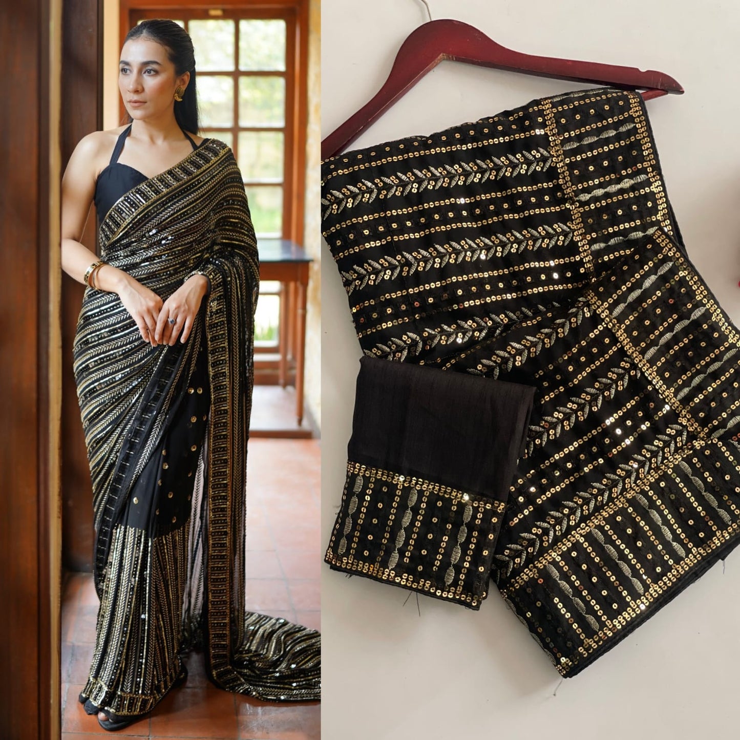 Designer Faux Georgette Saree with Sequins & Lace Work