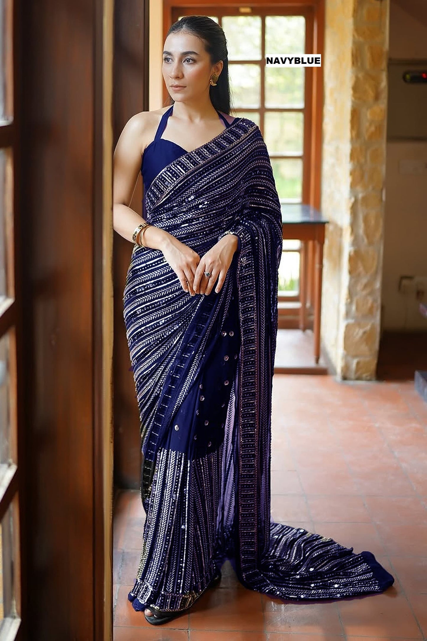 Designer Faux Georgette Saree with Sequins & Lace Work