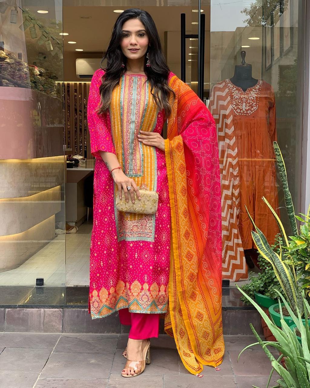 Elegant Bandhani Print Suit Set with Dupatta for All Events