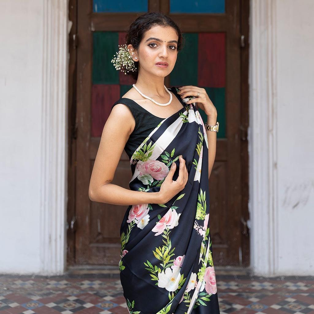 Elegant Black Floral Print Satin Saree for Special Occasions