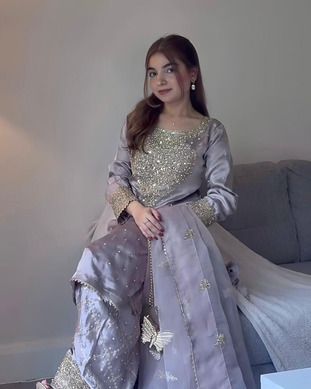 Elegant Crepe Silk Kurti Plazzo Set with Organza Dupatta