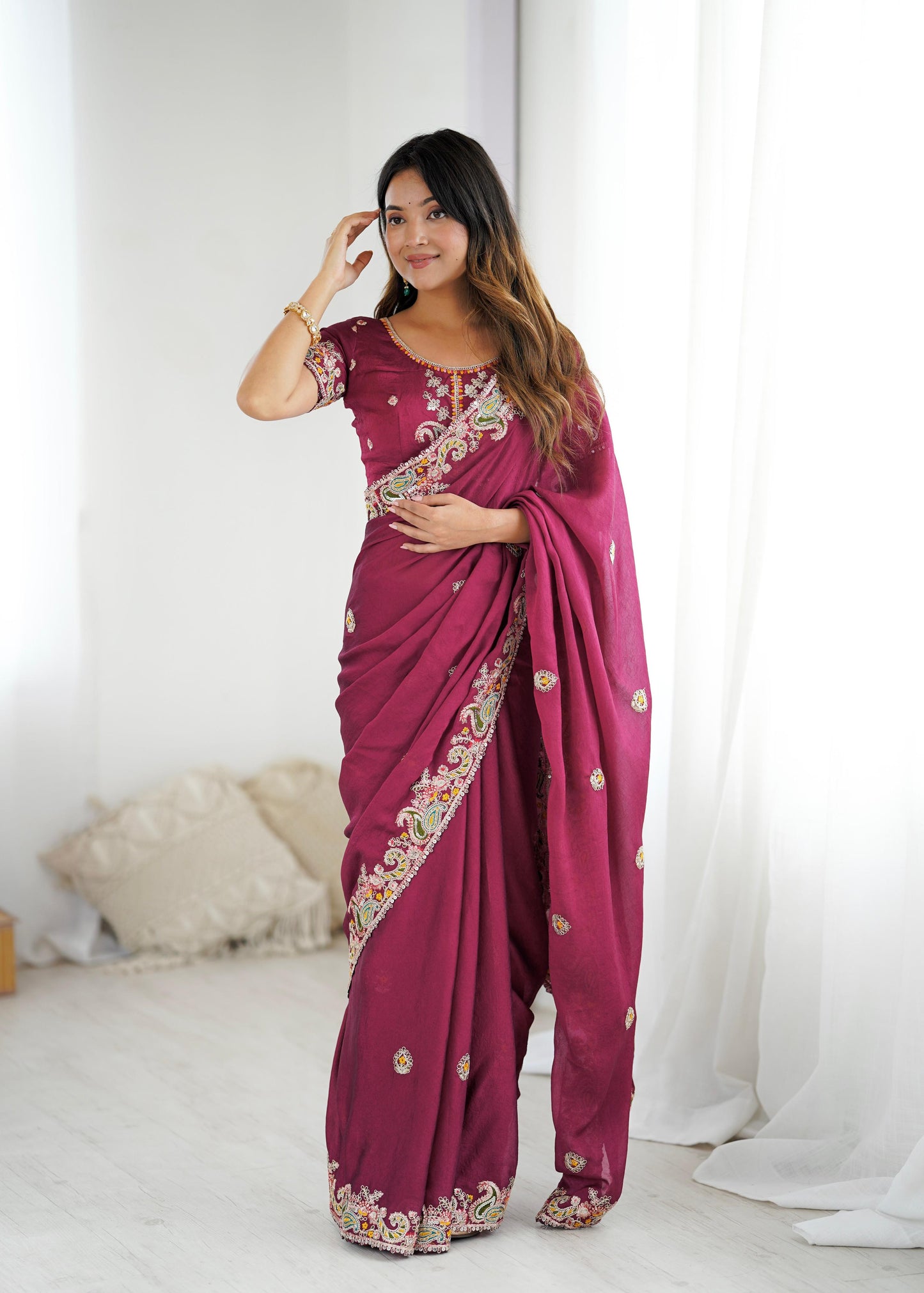 Elegant Embroidered Saree with Paisley Border and Matching Blouse