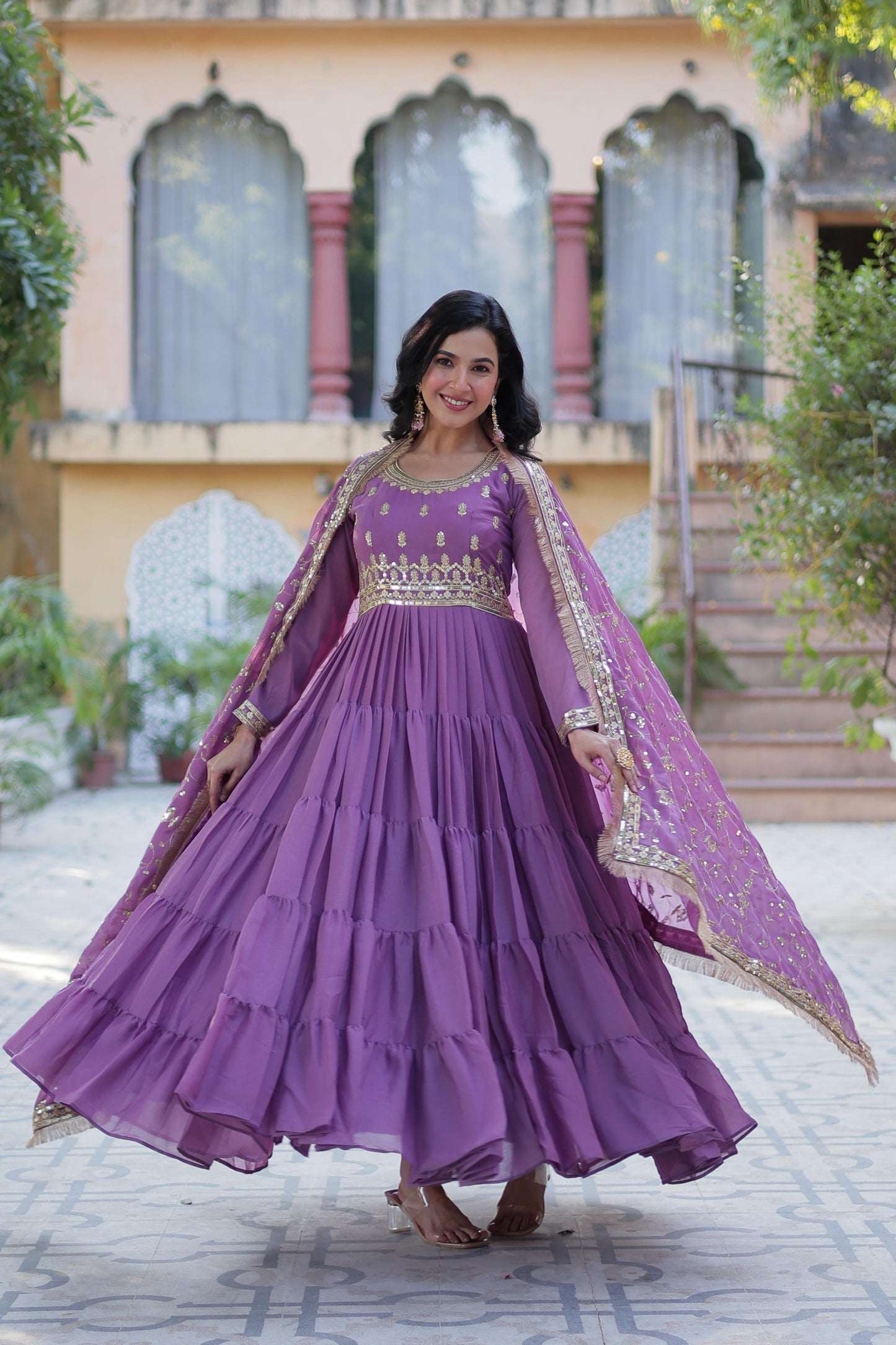 Elegant Ethnic Gown Set with Embroidered Dupatta