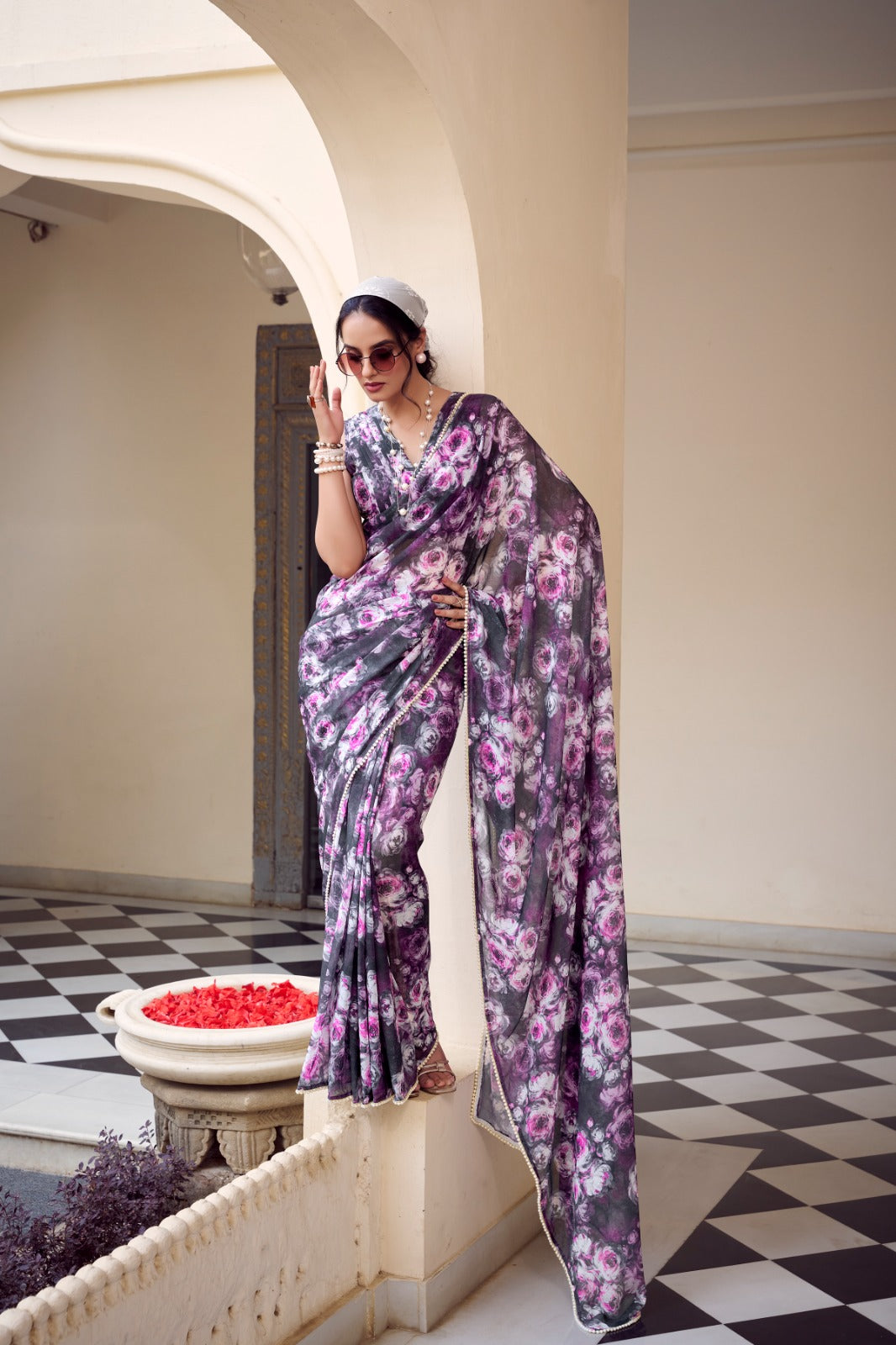 Elegant Floral Organza Saree with Pearl Border Detailing