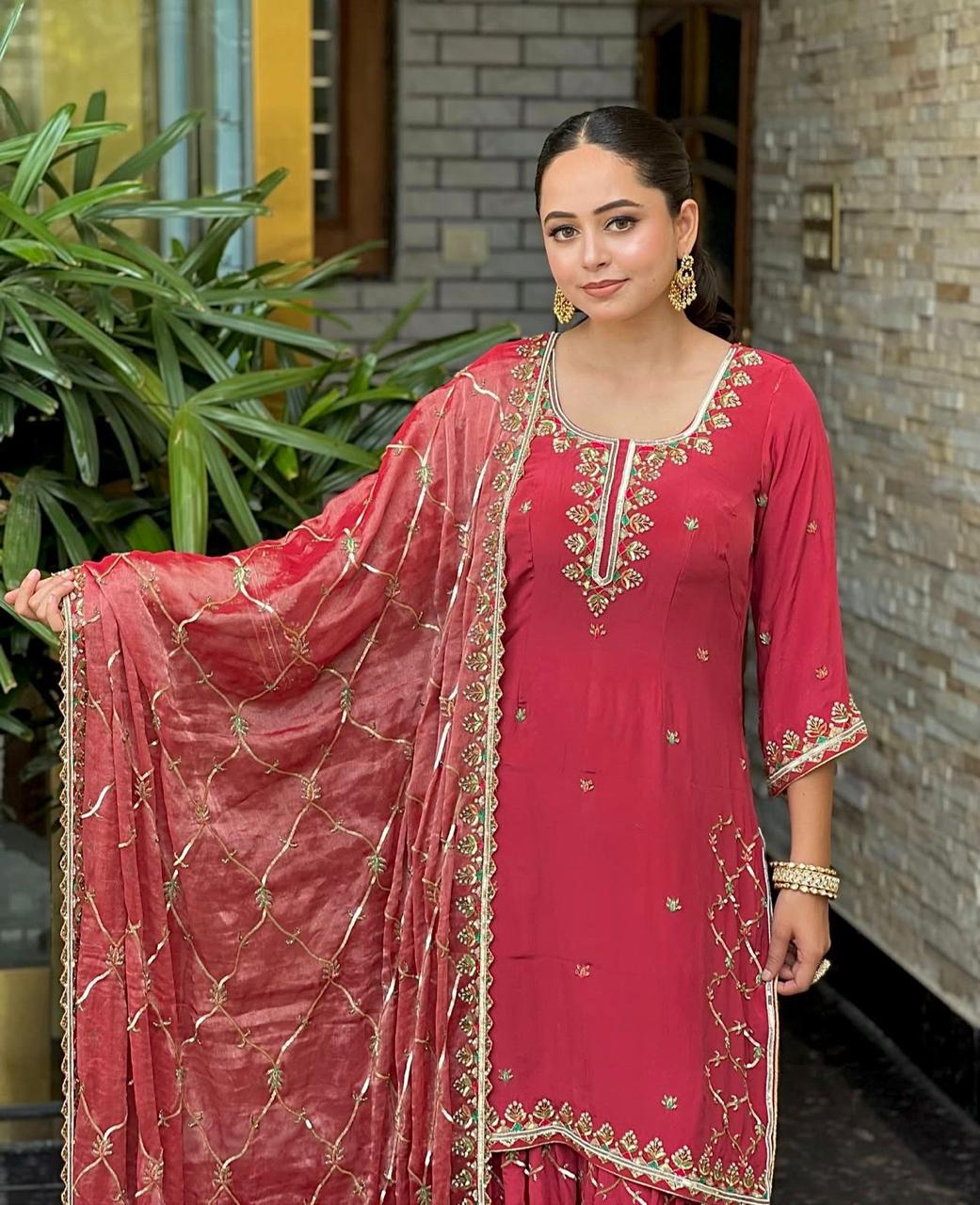 Elegant Fox Georgette Embroidered Top-Sarara Set
