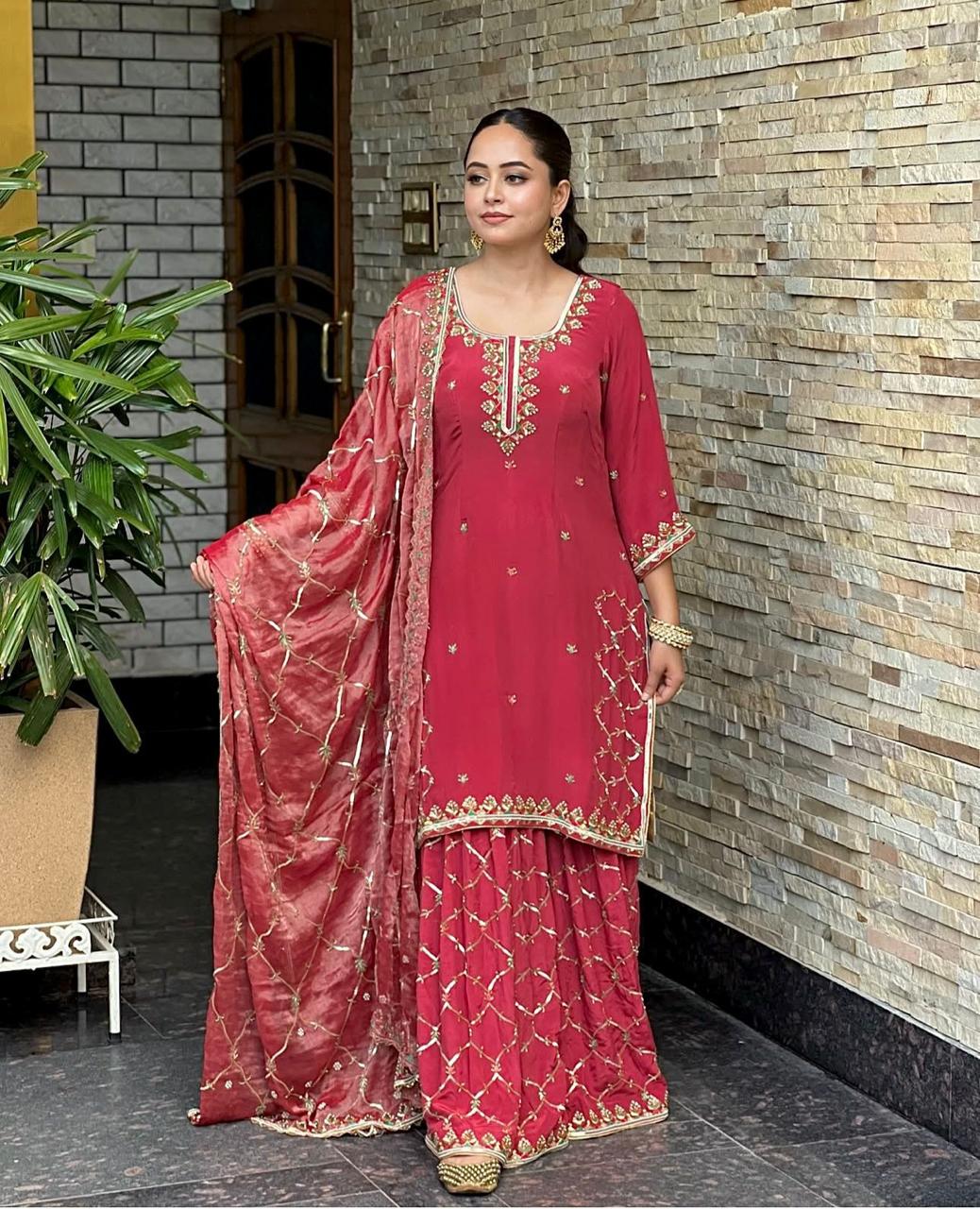 Elegant Fox Georgette Embroidered Top-Sarara Set