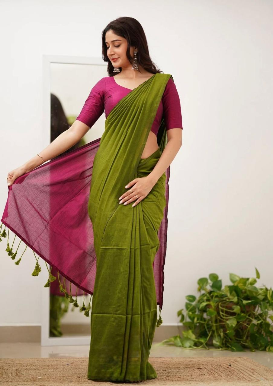 Elegant Mal Cotton Saree with Contrast Blouse & Pallu