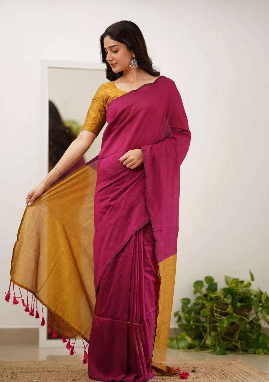 Elegant Mal Cotton Saree with Contrast Blouse & Pallu