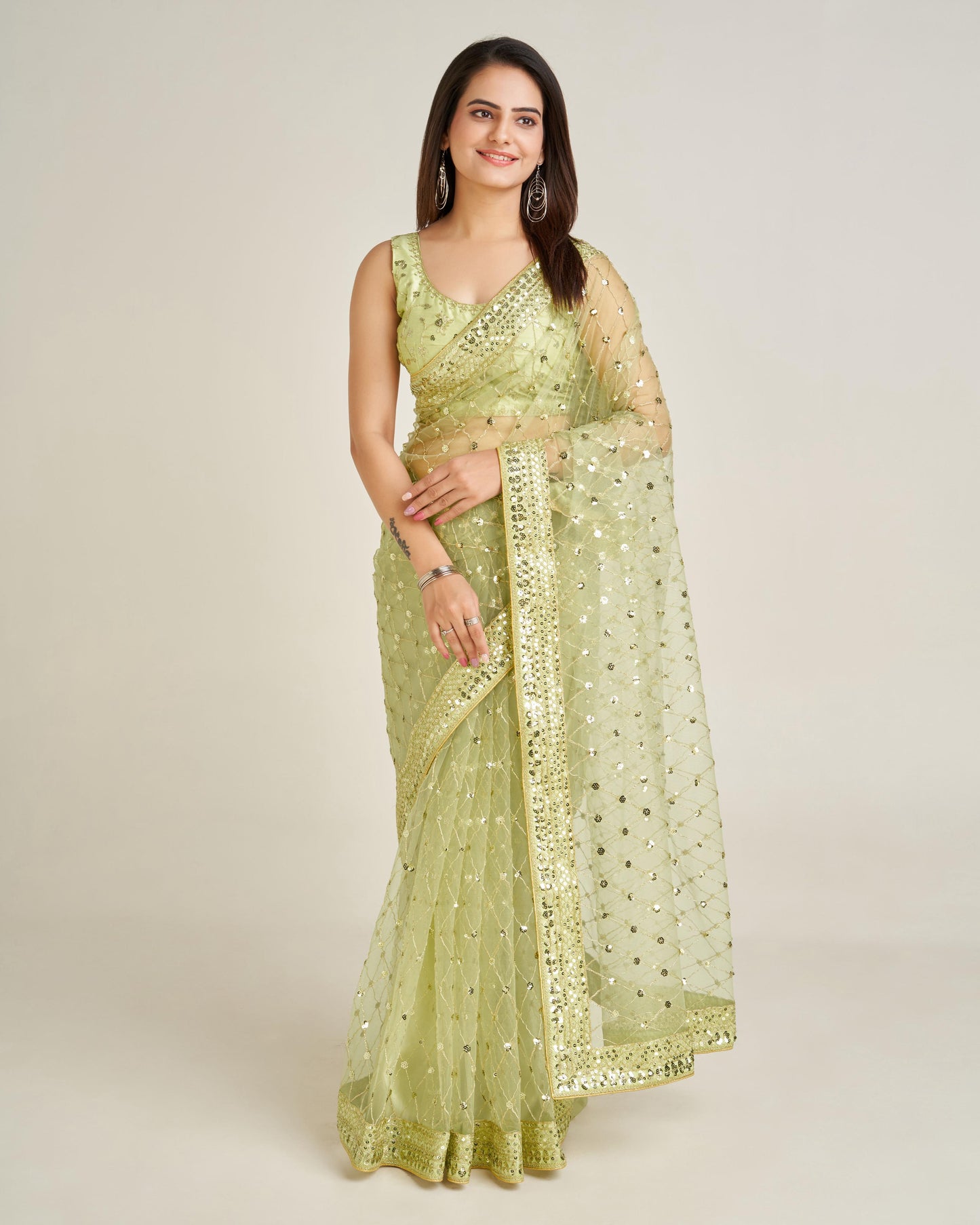 Elegant Net Saree with Sequins & Dori Work and Banglori Silk Blouse