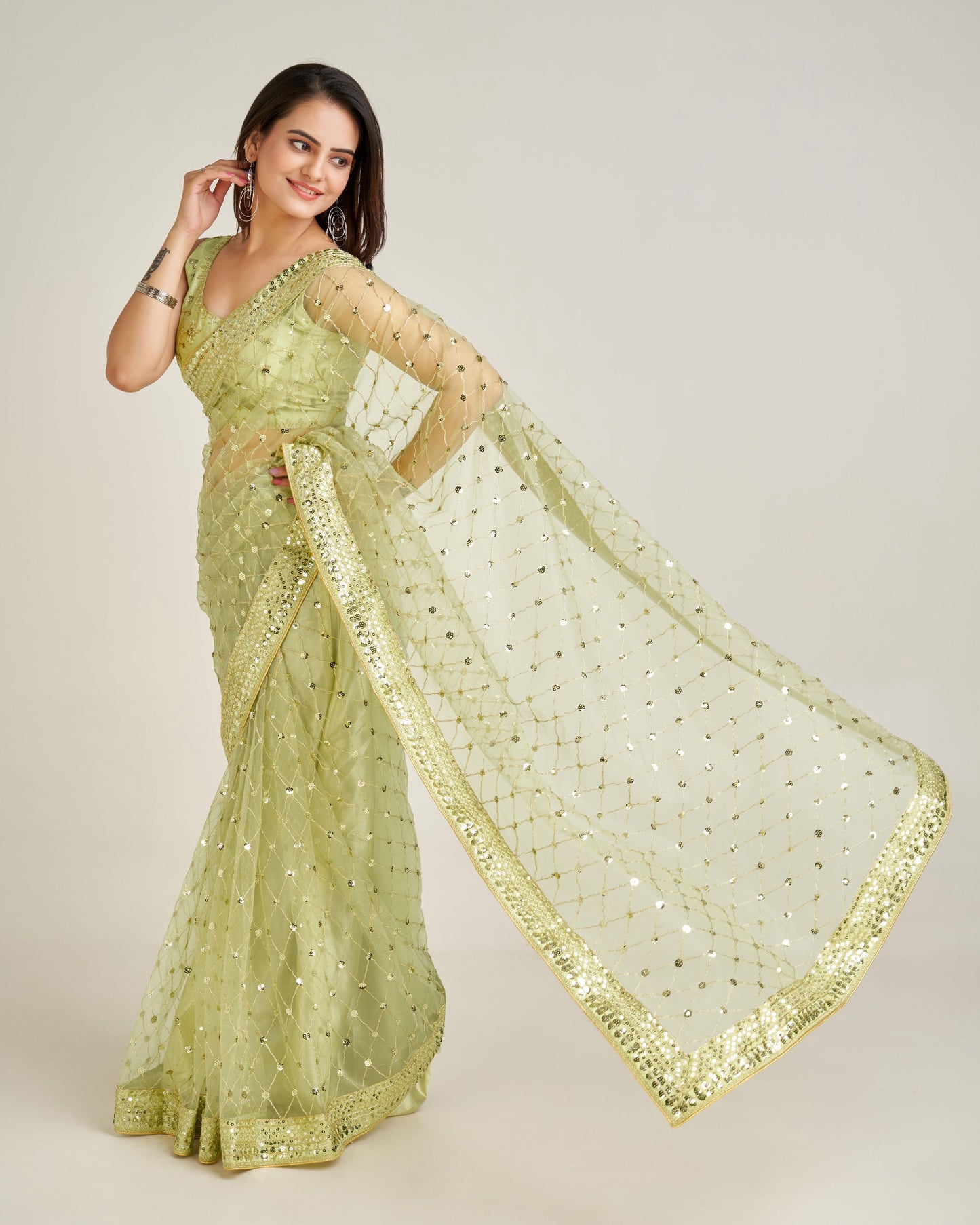 Elegant Net Saree with Sequins & Dori Work and Banglori Silk Blouse