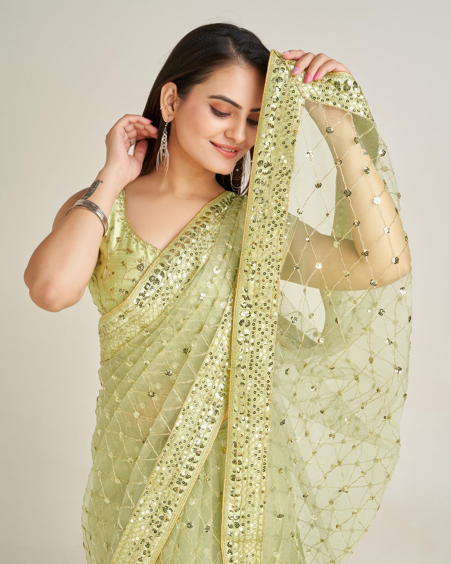 Elegant Net Saree with Sequins & Dori Work and Banglori Silk Blouse