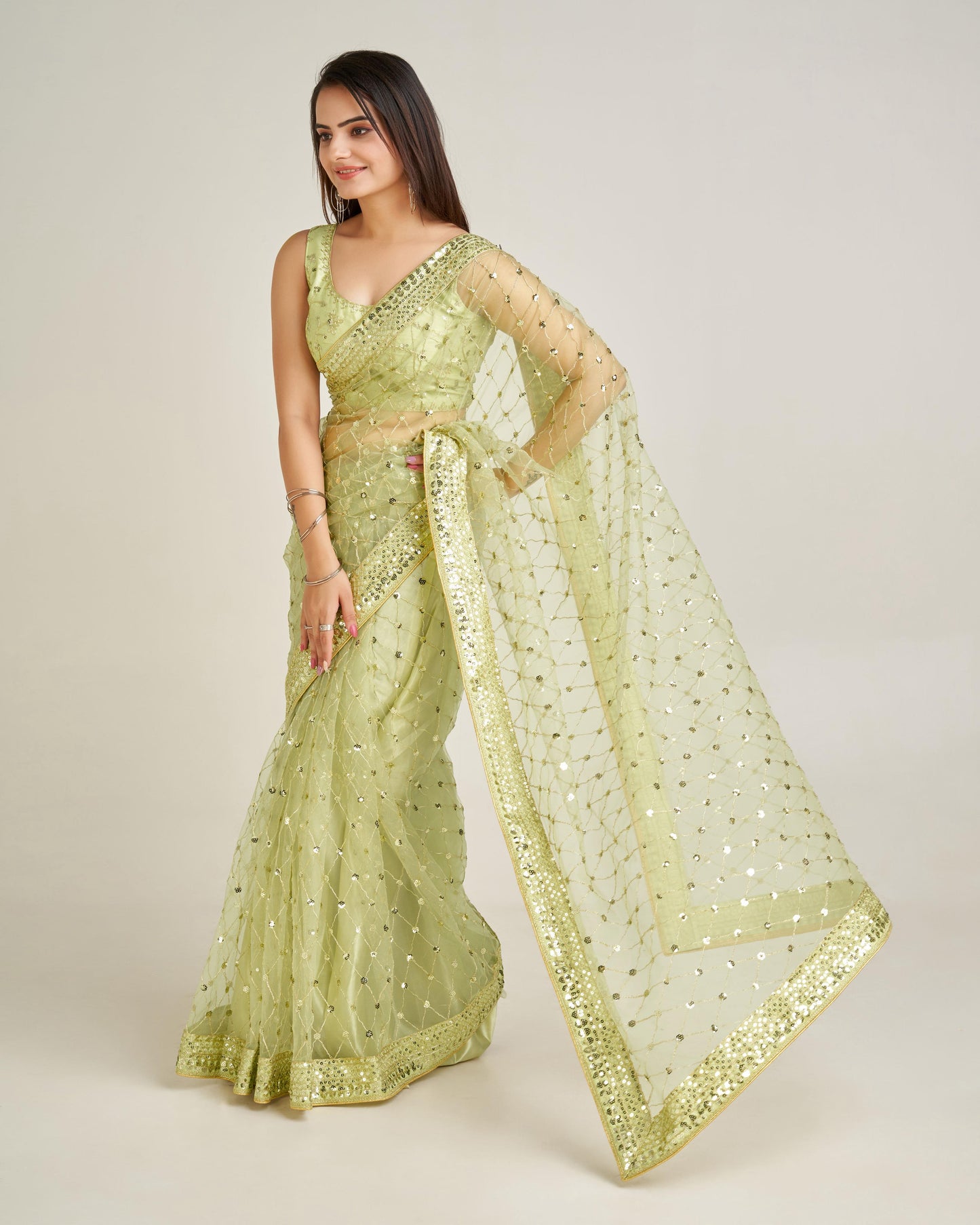 Elegant Net Saree with Sequins & Dori Work and Banglori Silk Blouse