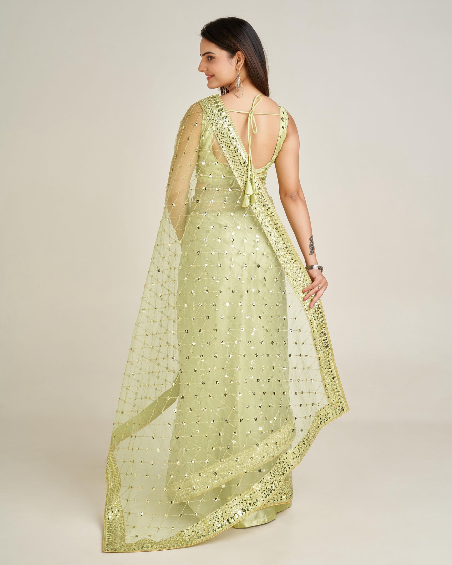 Elegant Net Saree with Sequins & Dori Work and Banglori Silk Blouse