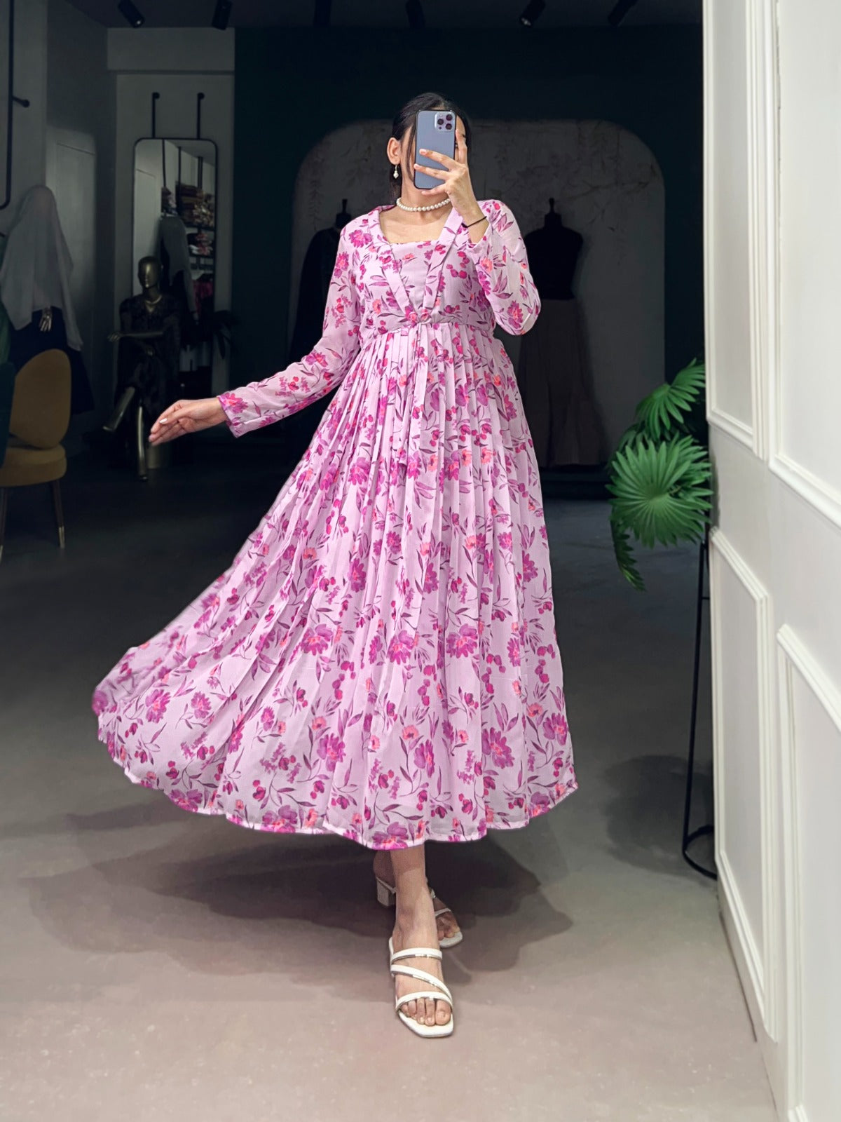 Elegant Pink Floral Anarkali Dress for Women