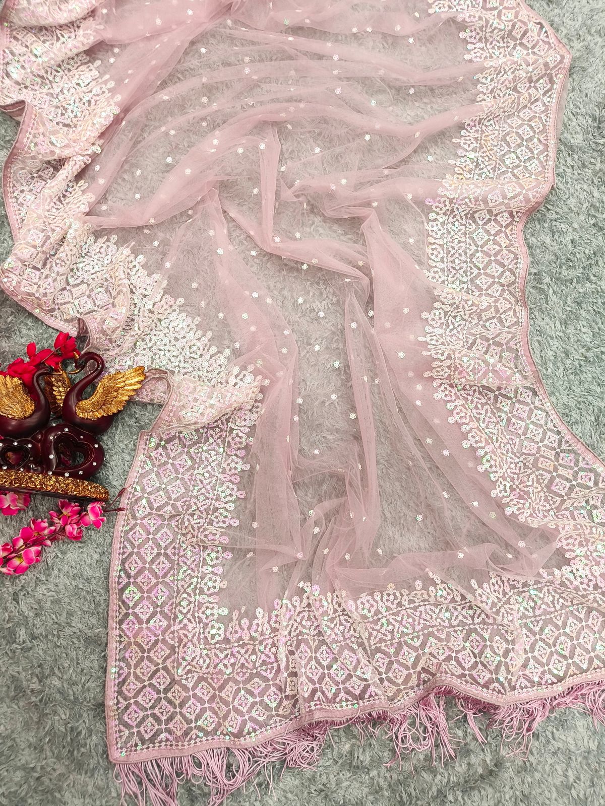 Elegant Pink Soft Net Saree with Sequin Embroidery Work