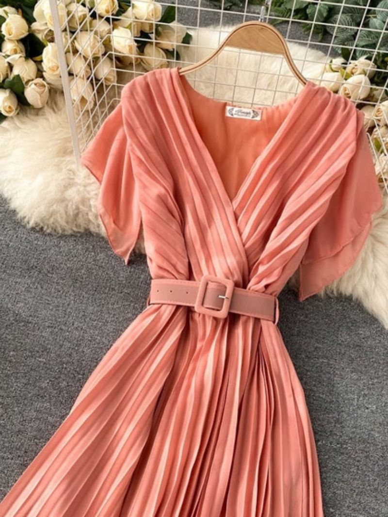 Elegant Pleated Maxi Dress with Belt for Women Party Wear