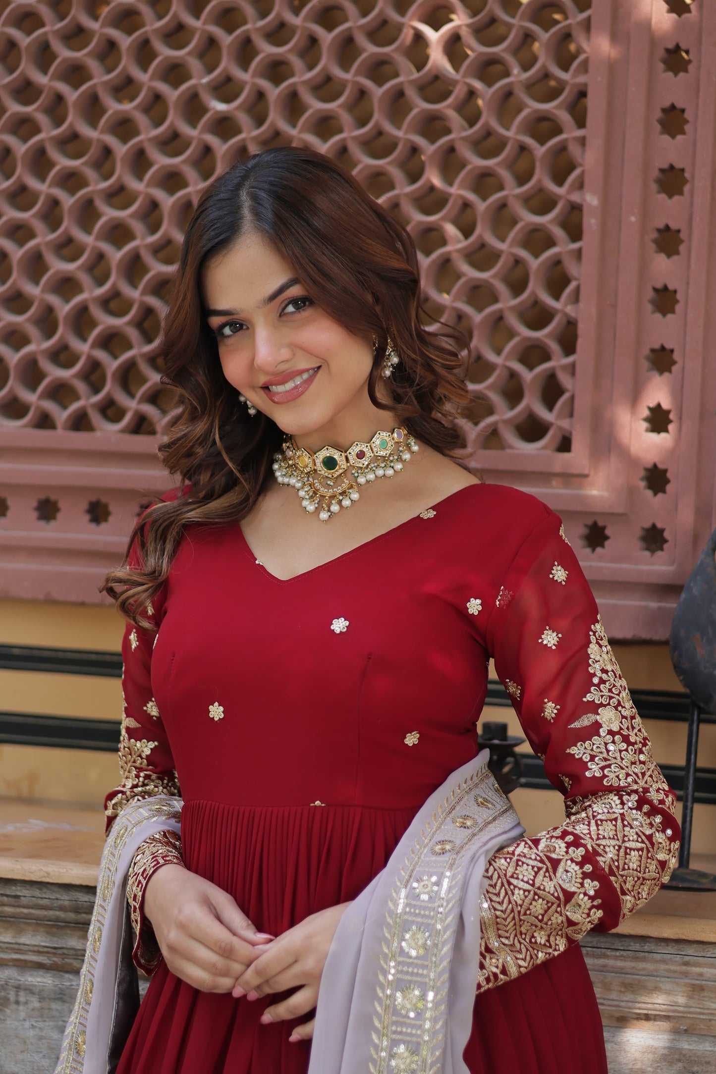 Elegant Red Anarkali Gown with Dupatta for Festive Wear