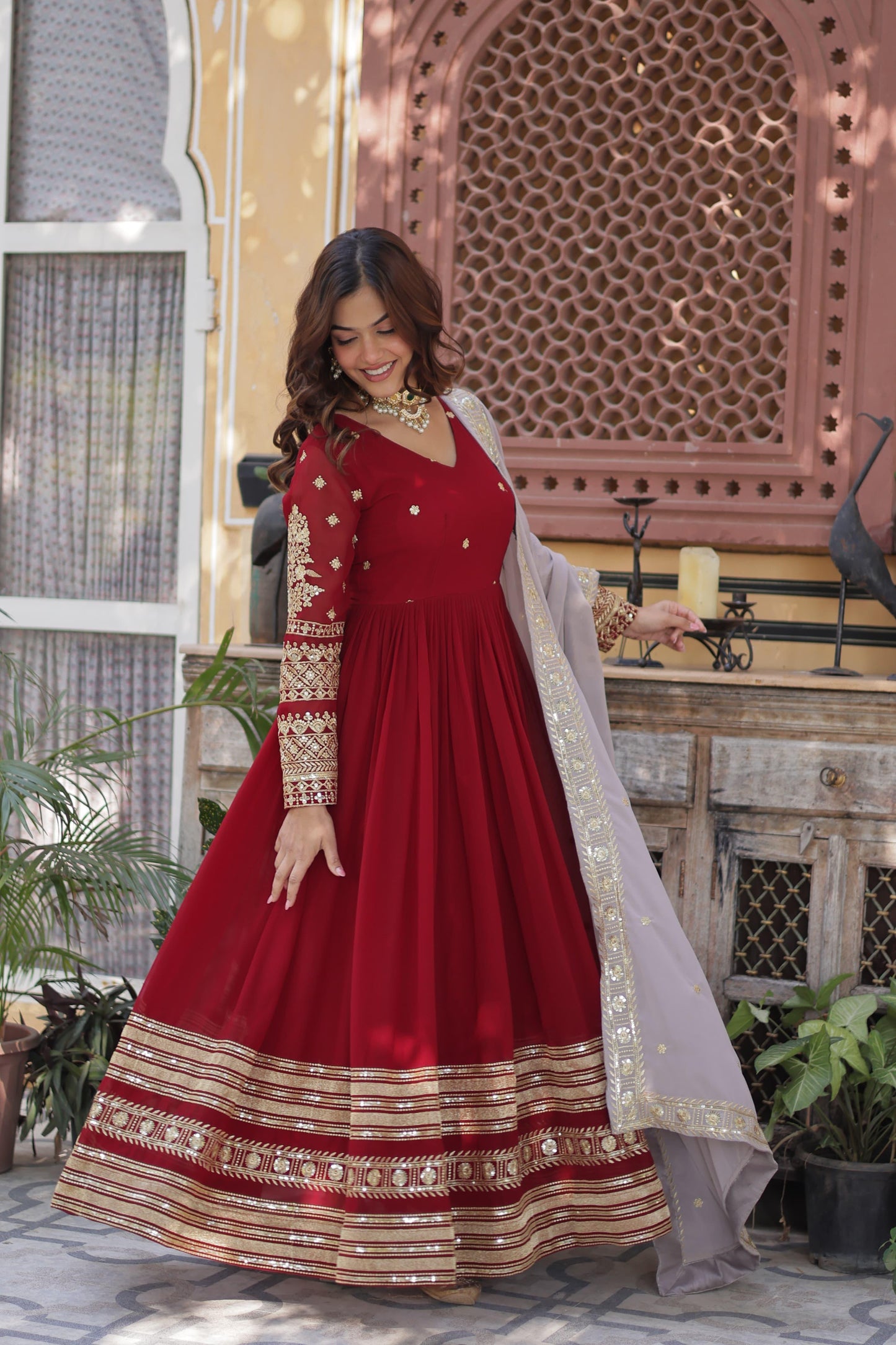 Elegant Red Anarkali Gown with Dupatta for Festive Wear