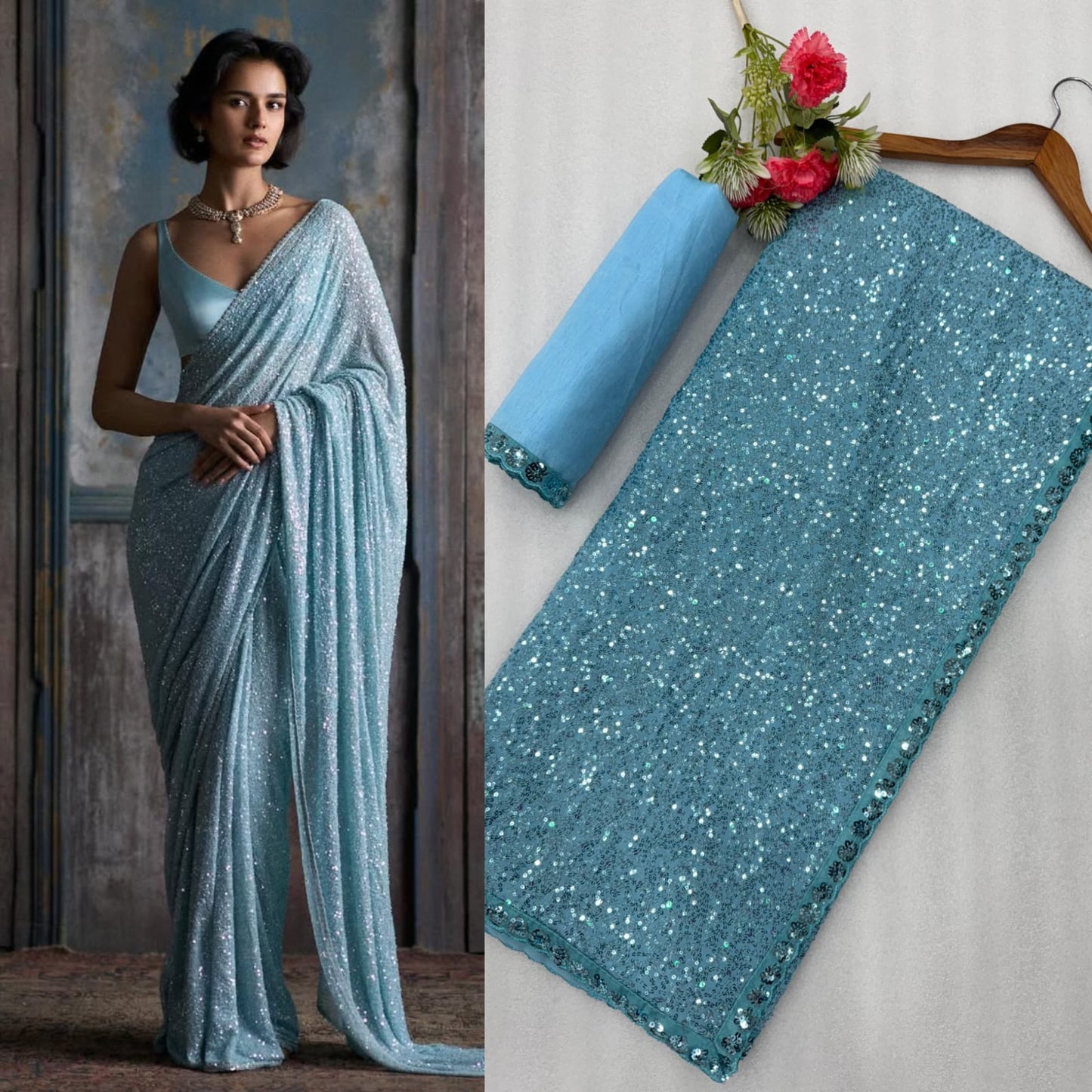 Elegant Shimmer Partywear Sarees in Pastel and Grey Tone