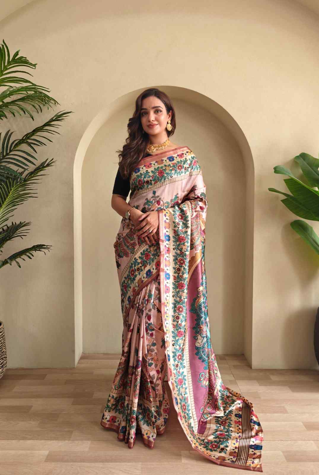 Elegant Soft Silk Saree with Kalamkari Fusion Print