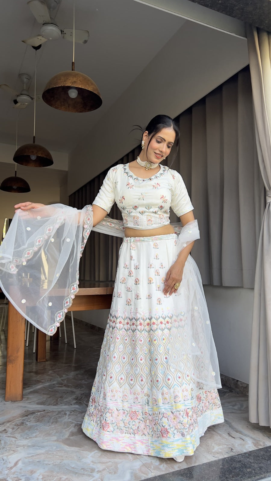Elegant White Embroidered Lehenga Set for Day Weddings