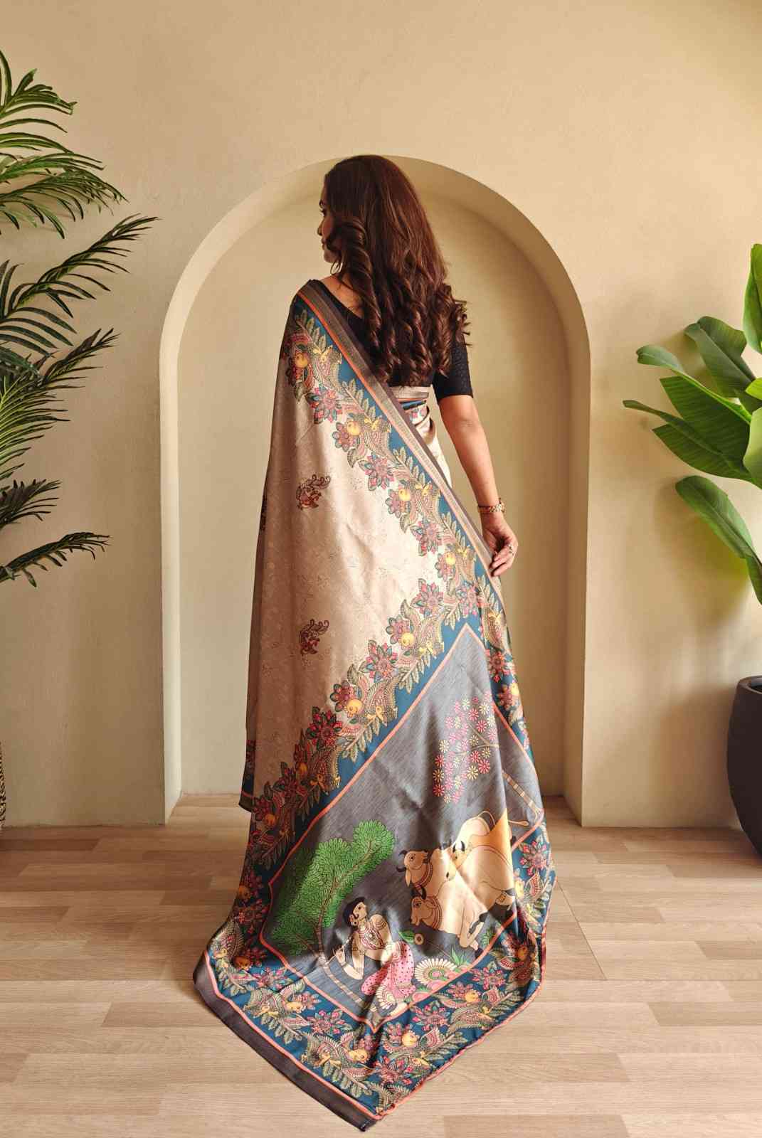 Elegant Soft Silk Saree with Kalamkari Fusion Print